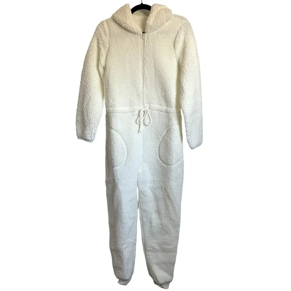 NWT Aerie Teddy Bear Sherpa Onesie Jumpsuit in Cream - Picture 1 of 9